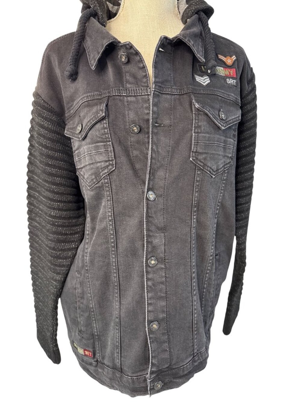 Sir Raymond Tailor Mens Hooded Jacket 3XL With Knit Sleeves Military Patches & C